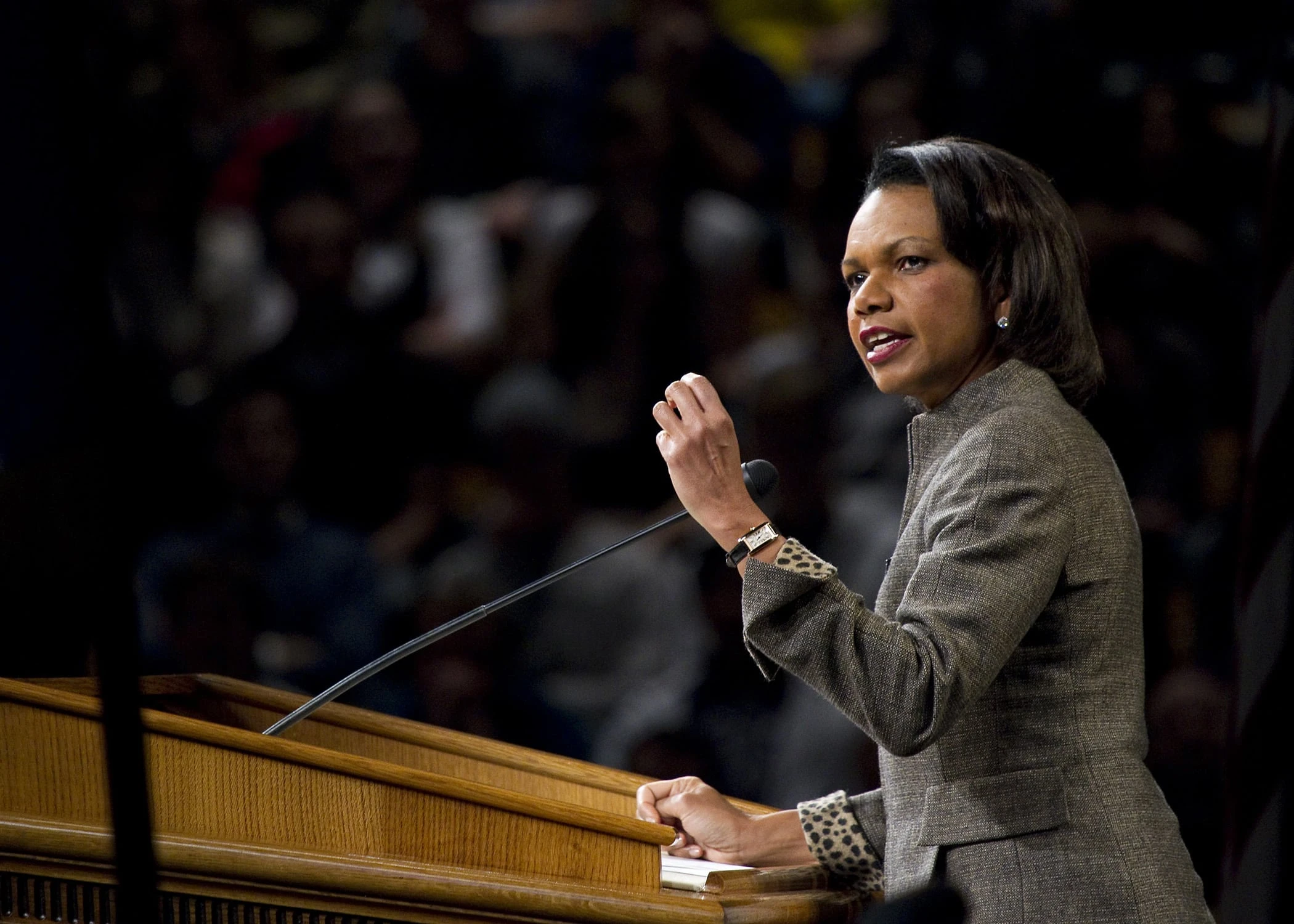 The image shows a person standing at a wooden podium indoors, speaking into a mounted microphone. The figure is positioned in the foreground, angled slightly to the right, with one hand raised near the microphone and the other resting on the podium edge. The person wears a structured jacket with patterned cuffs and a wristwatch. In the background, a large audience is visible but heavily blurred, creating a strong contrast that keeps focus on the speaker at the podium.