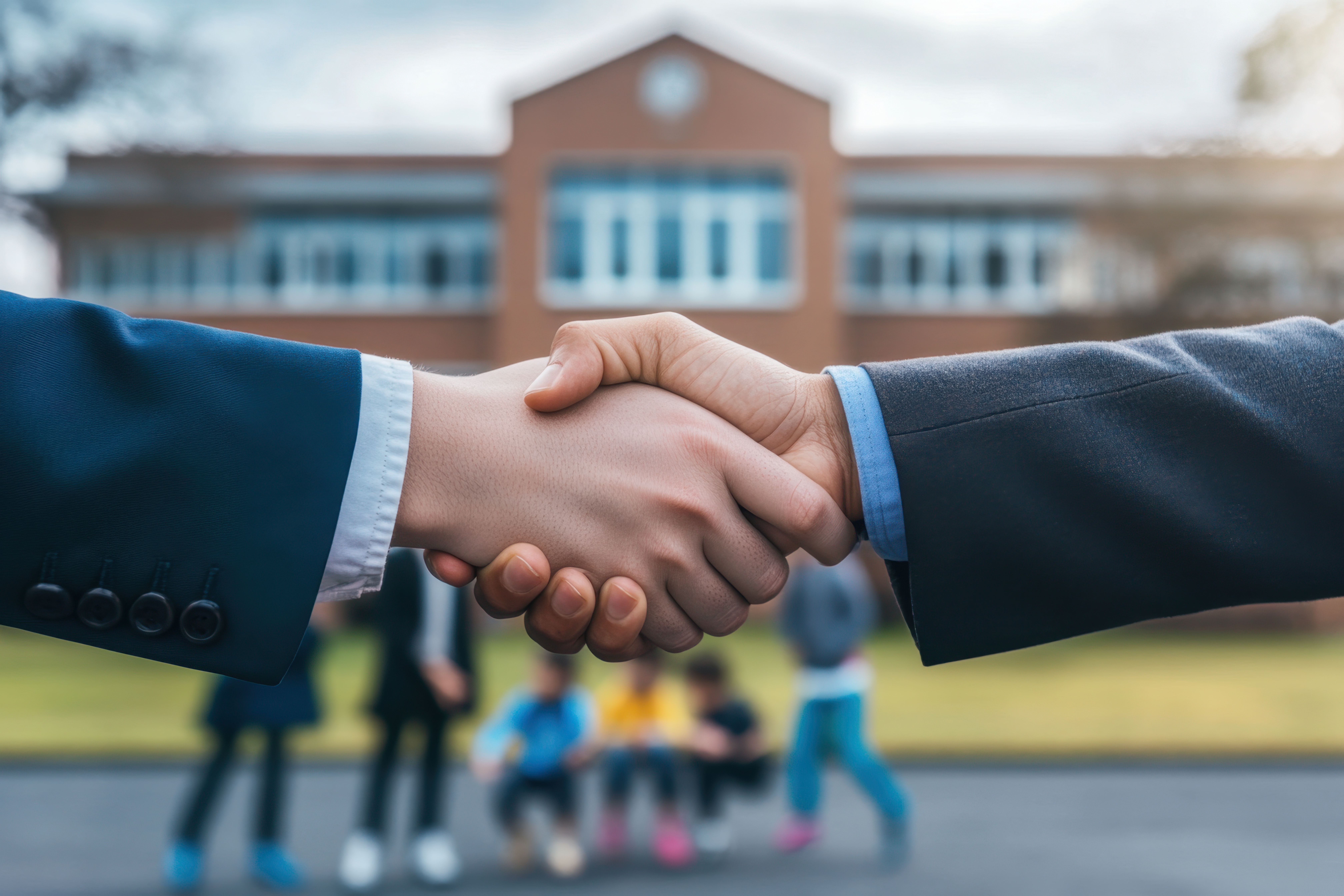 A close-up of a firm handshake between two business professionals outdoors, with a school building in the background and students casually interacting, symbolizing collaboration and success.