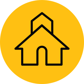 Yellow circular icon with a black school building and a flag on top Yellow circular icon with a black school building and a flag on top