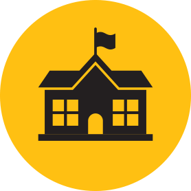 Yellow circular icon with a black school building and a flag on top Yellow circular icon with a black school building and a flag on top