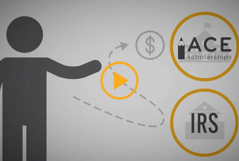 Illustration showing a person directing funds toward ACE Scholarships instead of the IRS, with icons for money and a play button in the center.